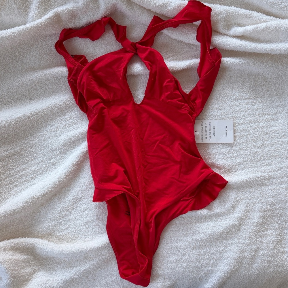 For Love And Lemons Red Ruffle One Piece Swimsuit